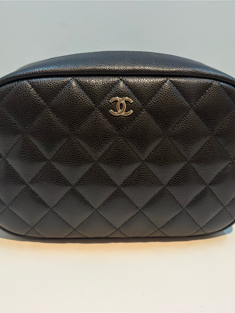 CHANEL Black Quilted Caviar Leather Cosmetic Pouch with Silver CC